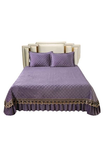 OEM Cuvertură de pat din catifea matlasată cu broderie, MS STAR, 3 piese, 220x240cm, violet