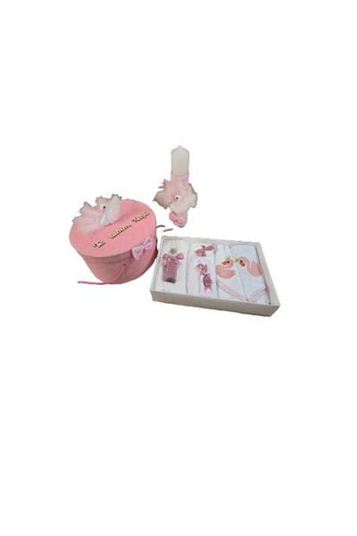 OEM Set elegant trusou botez, cutie trusou si lumanare Te iubim Nasu, decor dantela Roz pudra
