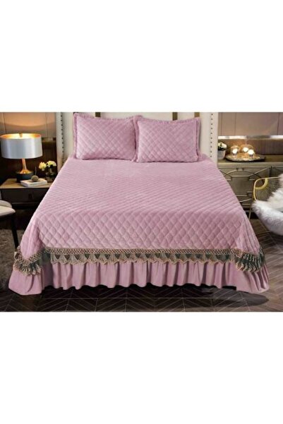 Mercaton Set 3 Piese de Lux, Cuvertura de Pat din Catifea cu Broderie, Matlasata, 230x250 cm si 2 Fete de Per