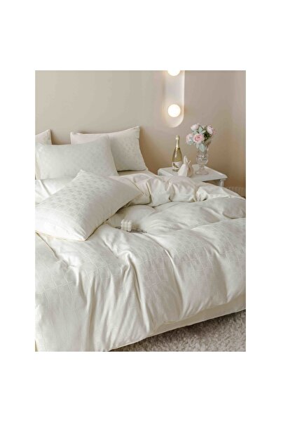 JOJO HOME Set Lenjerie de pat, Jojo Home, JQF14, bumbac jacquard finet premium, uni, 2 persoane, 6 piese, crem