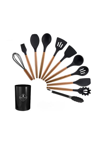 OEM Set de bucătărie din silicon cu mâner din lemn, 12 piese, spatulă antiaderentă, neagră