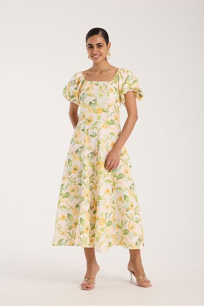 FEMMESTUDIO Women's Ecru Floral Patterned Balloon Sleeve Dress