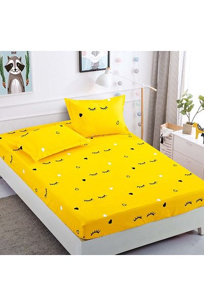 JOJO HOME Single bed cover set with elastic and 2 pillowcases, finet, H1-9, yellow, 90 x 200