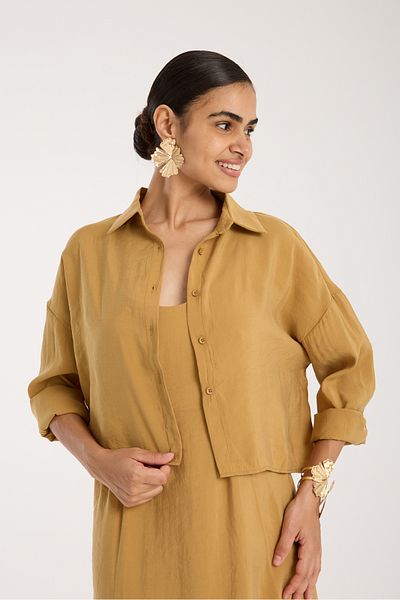 FEMMESTUDIO Women's Yellow Shirt Rope Strap Dress Set