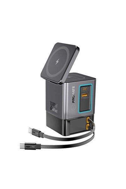 Promate 105W GaNFast™ Multi-Port Wireless Charging Station with Dual Retractable Cables