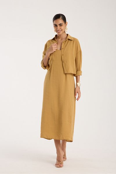 FEMMESTUDIO Women's Yellow Shirt Rope Strap Dress Set