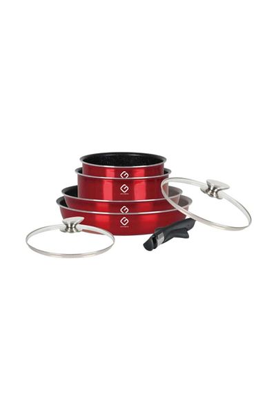 OEM Set 2 x 4 Aluminium Pots with Glass Lids and Detachable Handle, Red, Induction Compatible, Grunberg