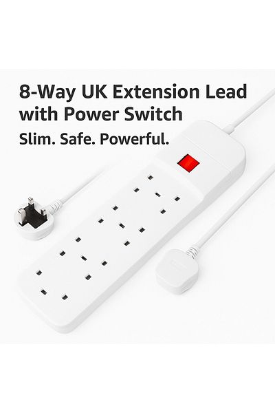 Masterplug 8 Socket 13 A Rewireable Extension Lead With Switch, White - 3M, Overload Protection
