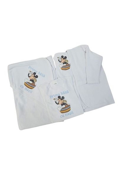 OEM Set pentru prima baita cu nasii 3-6 luni, Halat, Prosop si body, Alb, Model Mickey