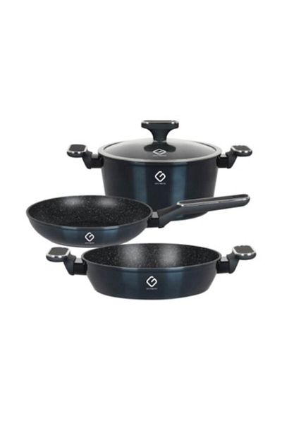 OEM Set 2 x 3 oale din aluminiu cu capace de sticlă, albastre, compatibile cu inducția, Grunberg