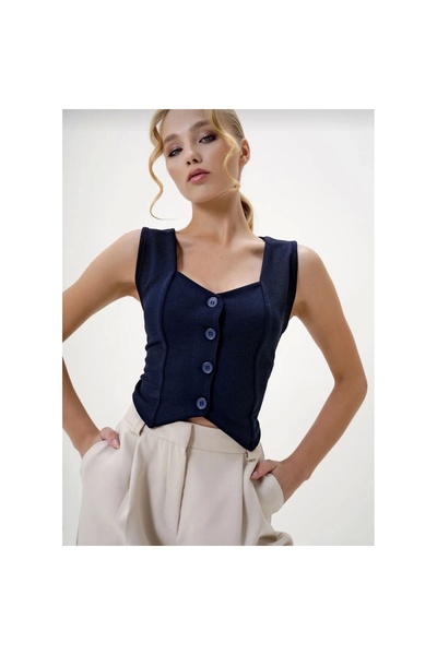 meSga butik Smk Shop Crepe Fabric Button Vest Navy Blue S3395