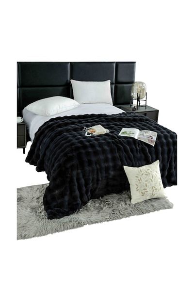 OEM Pătură luxoasă pentru pat dublu cu fermoar, blană artificială de iepure, MS STAR, 200x230cm, neagră