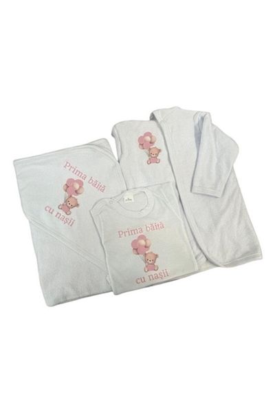 OEM Set pentru prima baita cu nasii 3-6 luni, Halat, Prosop si body, Alb-Roz