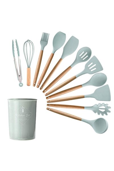 Vaxiuja Set 11 ustensile de bucătărie, Vaxiuja, antiaderente, silicon, mâner din lemn, verde deschis