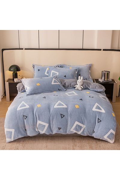 JOJO HOME Lenjerie de pat dublu Cocolino, cu elastic, 4 piese, Albastru, Triunghiuri
