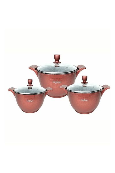 cheffinger Set Cheffinger, Scop®, 3 oale placate cu marmură, 3 capace de sticlă rezistente la căldură, 20/24/28 cm, Cupru
