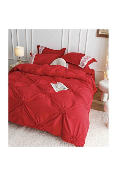 JOJO HOME Set Lenjerie de pat uni cu dantela si pliuri in forma de inima, Jojo Home, JFH13, bumbac, 2 persoane