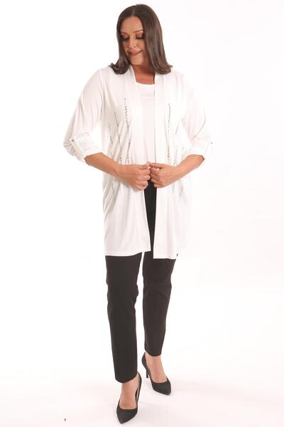 Metpoint Trend42Plus Large Size Ecru Stone Printed Long Cardigan