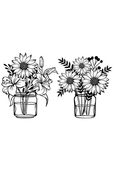 Mirfa Wooden Wall Art With Self Adhesive Base - Black (Sunflowers Vases - Pack of 2)