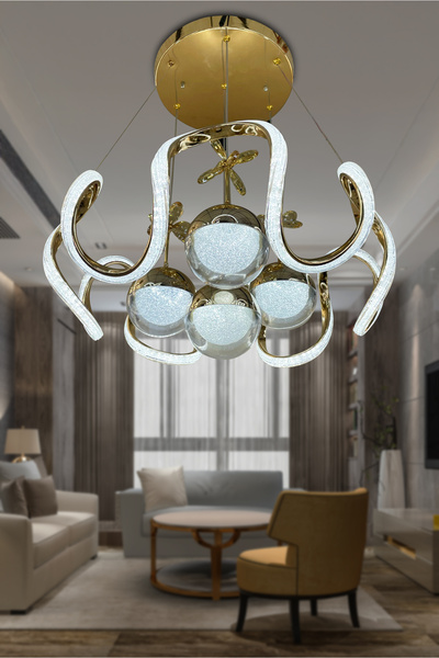 RSCOLLECTIONS Arya Fanus 4 Toplu Simli Slikonlu Yüksek (Işık) Modern Salon Led Avizesi Kumandalı Gold