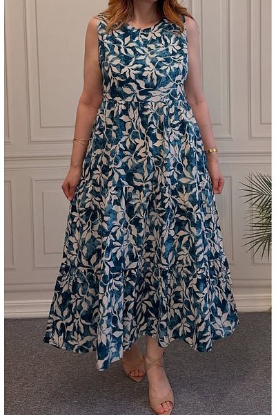 AKŞEN GİYİM Țesătură din bumbac viscoză pentru femei, cu mâneci zero, cu model floral, 123 cm, fustă lungă, rochie cu 3 straturi
