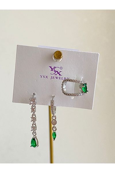 Çelik Set of 3 Emerald Green Dangle Earrings