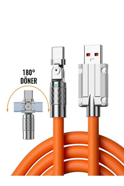 KTR TECH 180° Dönebilen USB To Type-C 120W Hizli Sarj Kablosu 1 Metre TURUNCU