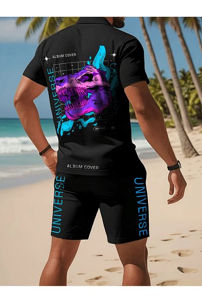 aynewmoda Casual Round Neck Short Sleeve Dinosaur Print T-Shirt and Shorts