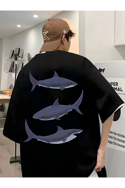 aynewmoda Мъжка тениска с къс ръкав и кръгло деколте с щампа на кит