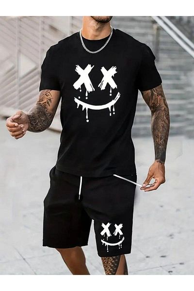 modamtn Men's Short Sleeve Crew Neck Printed Blouse Drawstring Short Two Thread Set