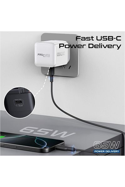 Promate GaNFast charging Adapter Retractable USB-C Cable 65w
