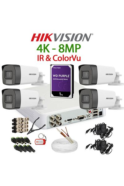 Hikvision Kit 4 Camere Video Complete, 4k, 2.8mm, Lumină Duală 8mp, IR și Color 40m, DVR, HDD 1tb,