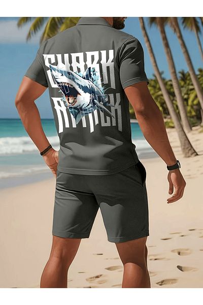 aynewmoda Shark Print Short Sleeve T-Shirt and Shorts Tracksuit Set