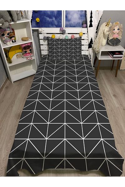 yok yok evim eve dair her şey Gray Geometry Patterned Single Pique and Pillowcase Bedspread Set