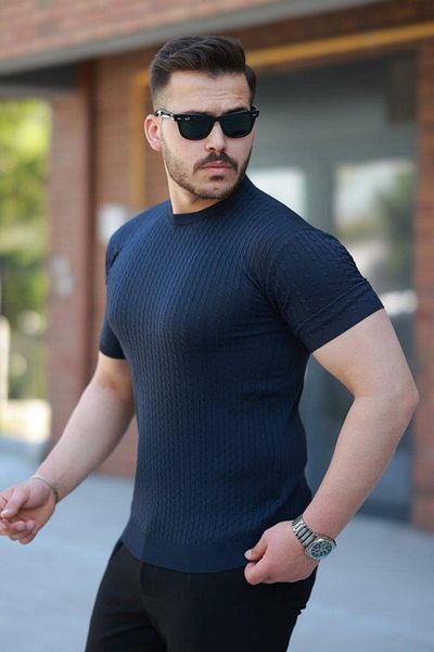 BETÜŞ WEAR Men's Crew Neck Knit Patterned Short Knitted Knitwear Short Sleeve T-Shirt