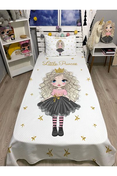 yok yok evim eve dair her şey White Li̇ttle Pi̇rencess Patterned Single Pi̇ke and Pillow Cover Bedspread Set