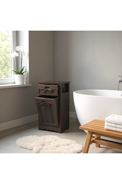 woodluck Ahşap Kirli Çamaşır Sepetli Çekmeceli Hasır Görünümlü Çok Amaçlı Dol...