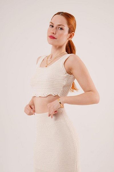 modamtn Knitted Detailed Skirt and Blouse Cream Set