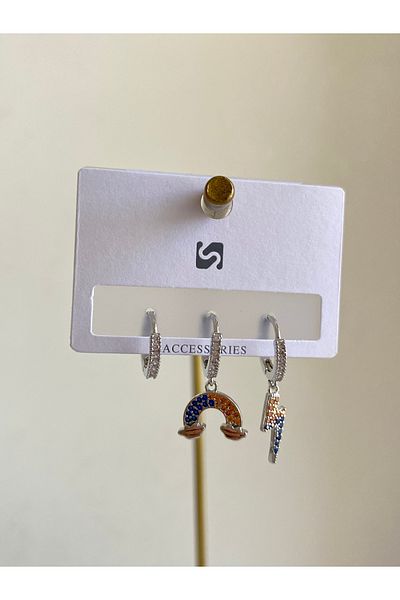 Çelik Zircon Stone Rainbow 3-Piece Earring Set