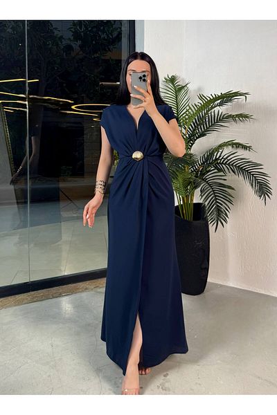 missswans Nomia Cross Cut Low-Cut Long Dress with Seashell Accessories Navy Blue