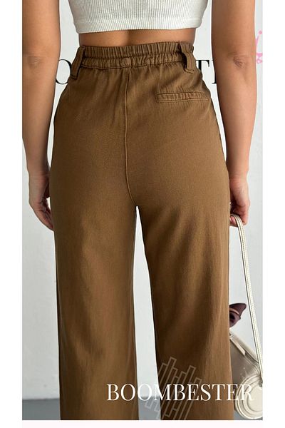 BoomBester Women's Thin Raw Linen Palazzo Trousers Washed (Distressed) Fabric Elastic Waist