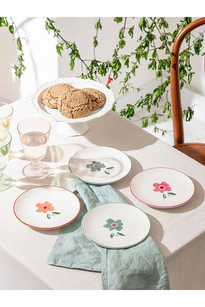 LC Waikiki LCW HOME Σετ κεραμικό πιάτο τούρτας με λουλούδια 4 τεμαχίων 16 cm (W5)