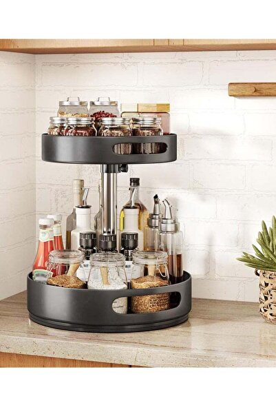 N2Y منظم رفوف التوابل ذو طبقتين بارتفاع قابل للتعديل، حامل درج يدور 360 درجة