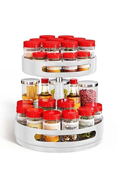 N2Y رف توابل قابل للتعديل بطبقتين - صينية معدنية دوارة 360 درجة لأسطح المطبخ ...