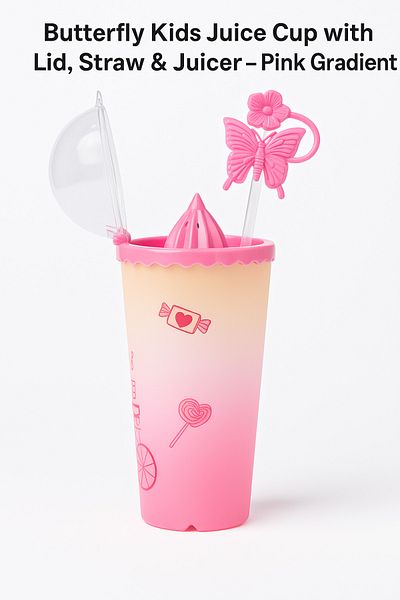 TSUMAB Butterfly Kids Juice Cup with Lid, Straw & Juicer – Pink Gradient