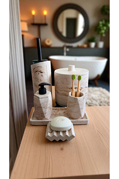 Trust Stone Marble Pattern Beige Trash Can, Bathroom Set Toilet Wc Liquid Soa...
