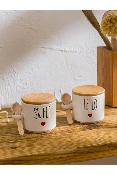 LC Waikiki Lcw Home Ceramic Storage Container with Wooden Lid Set of 2 (W5)