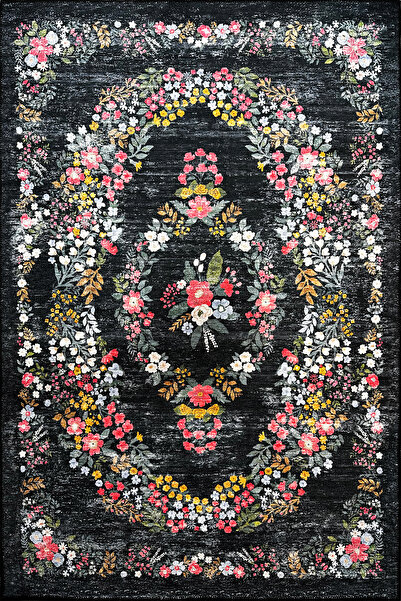kilim home Siyah Halı Dekoratif Çiçekli Tasarım Otantik Yazlık Yıkanabilir Do...
