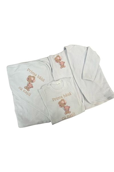 OEM Set pentru prima baita cu nasii 3-6 luni, Halat, Prosop si body, Alb-Maro
