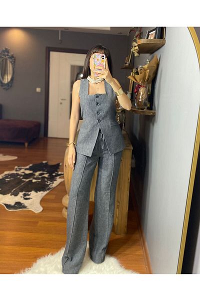 MODAGK Tie Detailed Vest Trousers Set - Gray